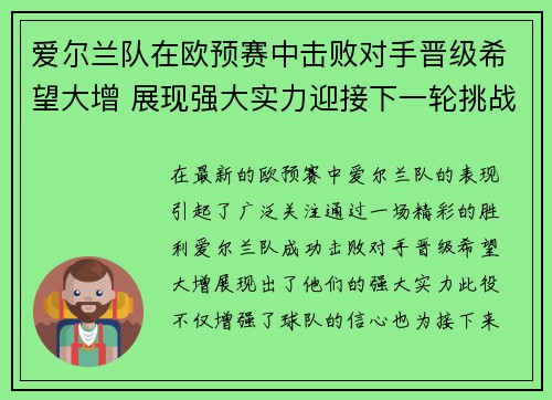 爱尔兰队在欧预赛中击败对手晋级希望大增 展现强大实力迎接下一轮挑战